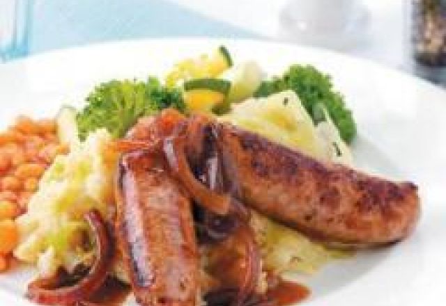 Sausages with tasty bubble and squeak mash - Scottish Slimmers